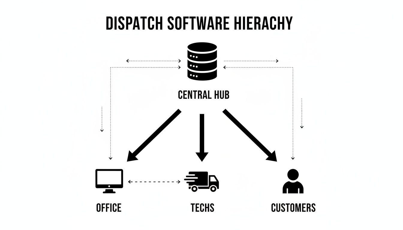 Best Field Management Software Tackon FSM in Schedule and dispatch software: Transform Operations and Grow Profits 3 A hierarchy diagram illustrates a dispatch software system connecting a central hub, office, technicians, and customers.