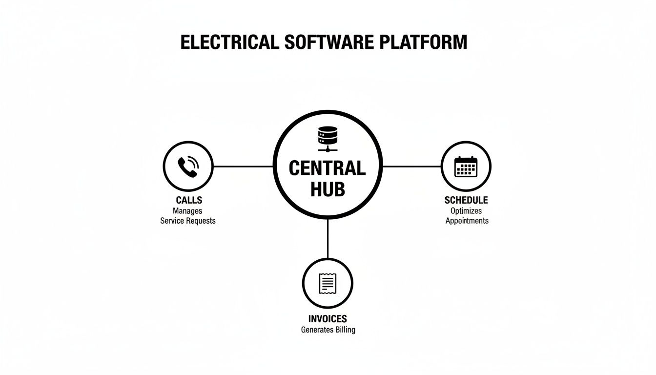 Best Field Management Software Tackon FSM in A Guide to Electrical Contractor Job Management Software 3 Diagram showing an electrical software platform with a central hub managing calls, schedules, and invoices.