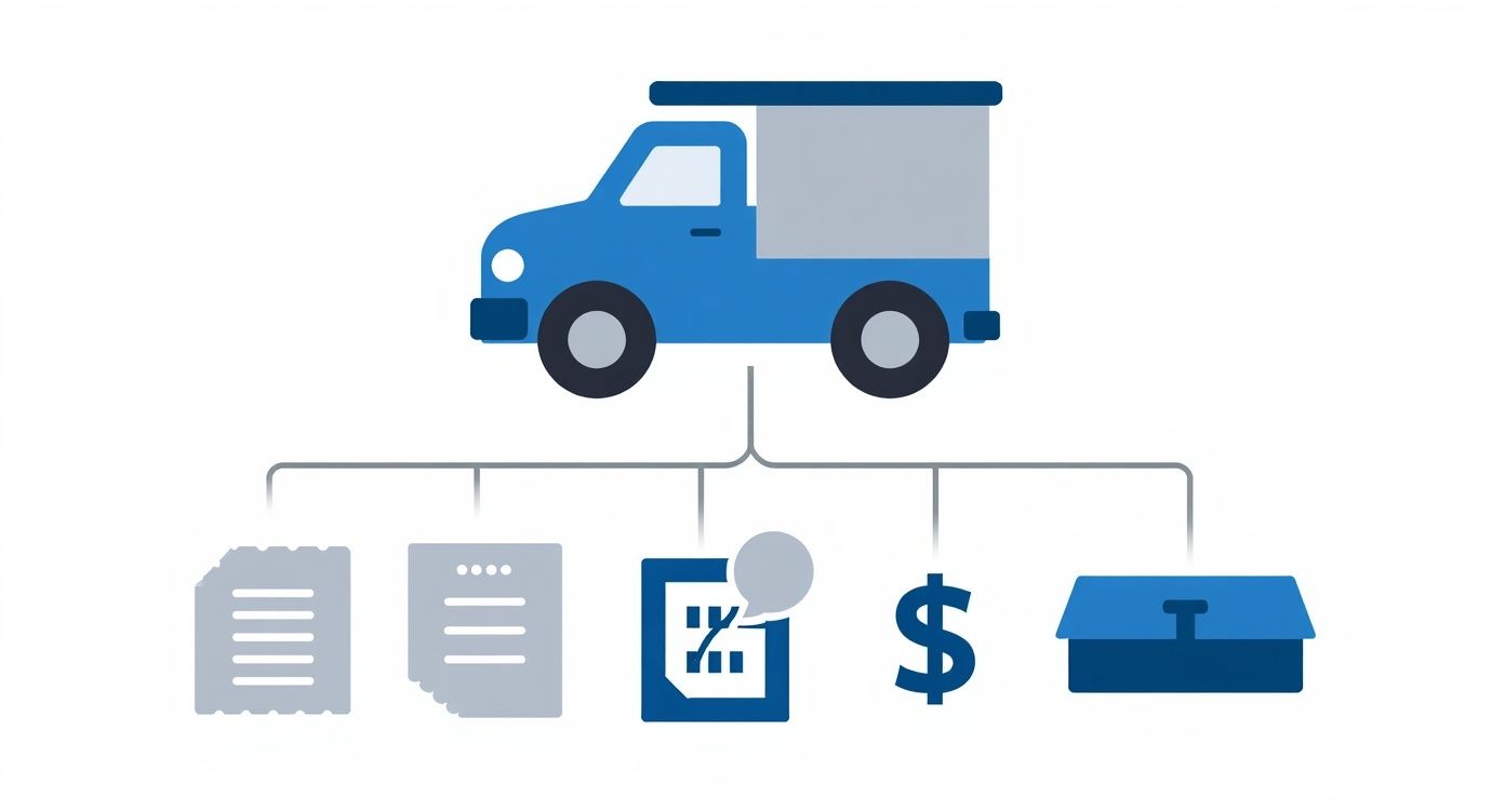 An illustration of a delivery truck connected to icons for documents, finances, and a toolbox.