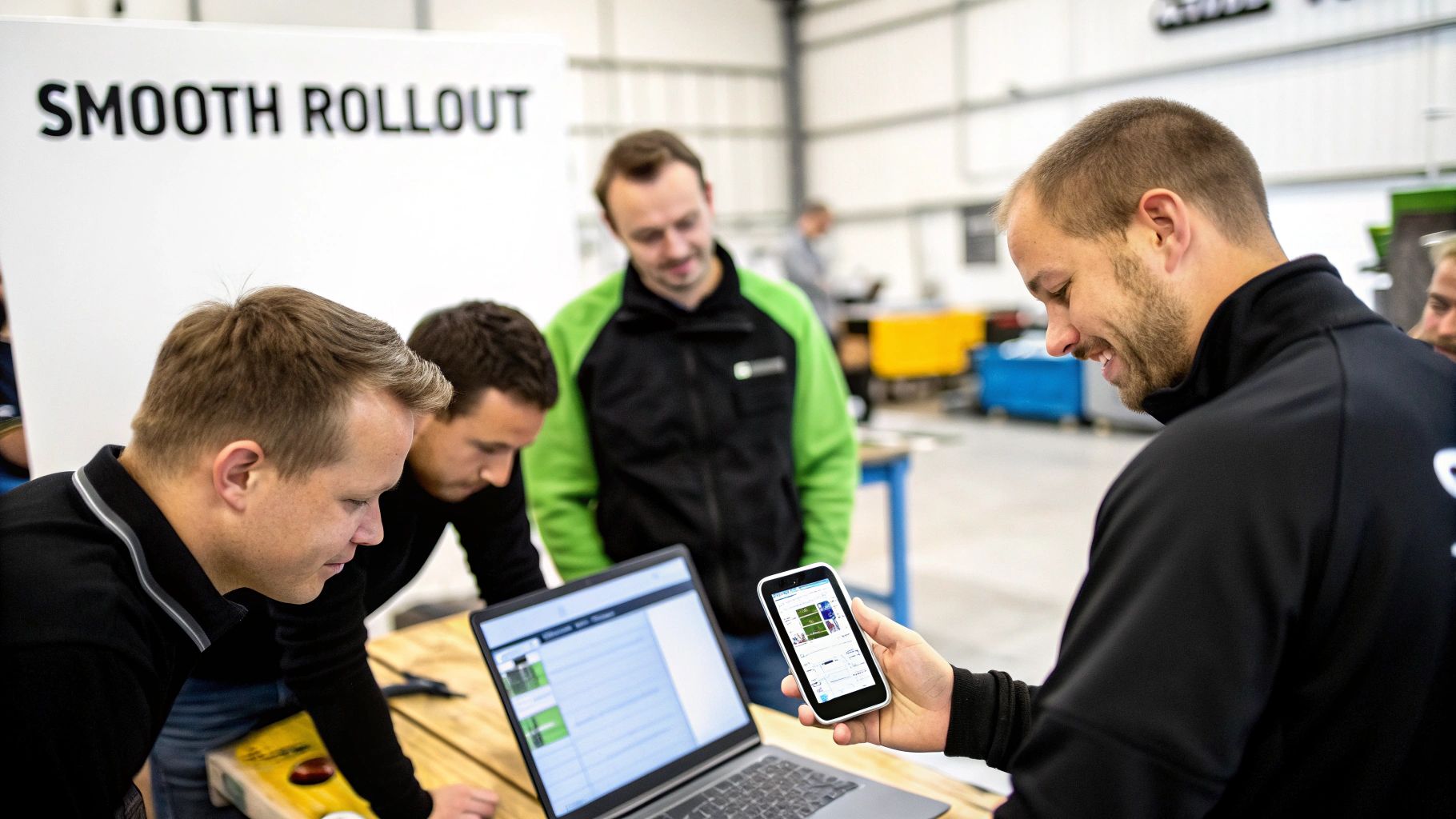 Best Field Management Software Tackon FSM in Small business service management software: Streamline Ops & Improve ROI 4 Professionals collaborating with a laptop and smartphone, showcasing a smooth rollout process.