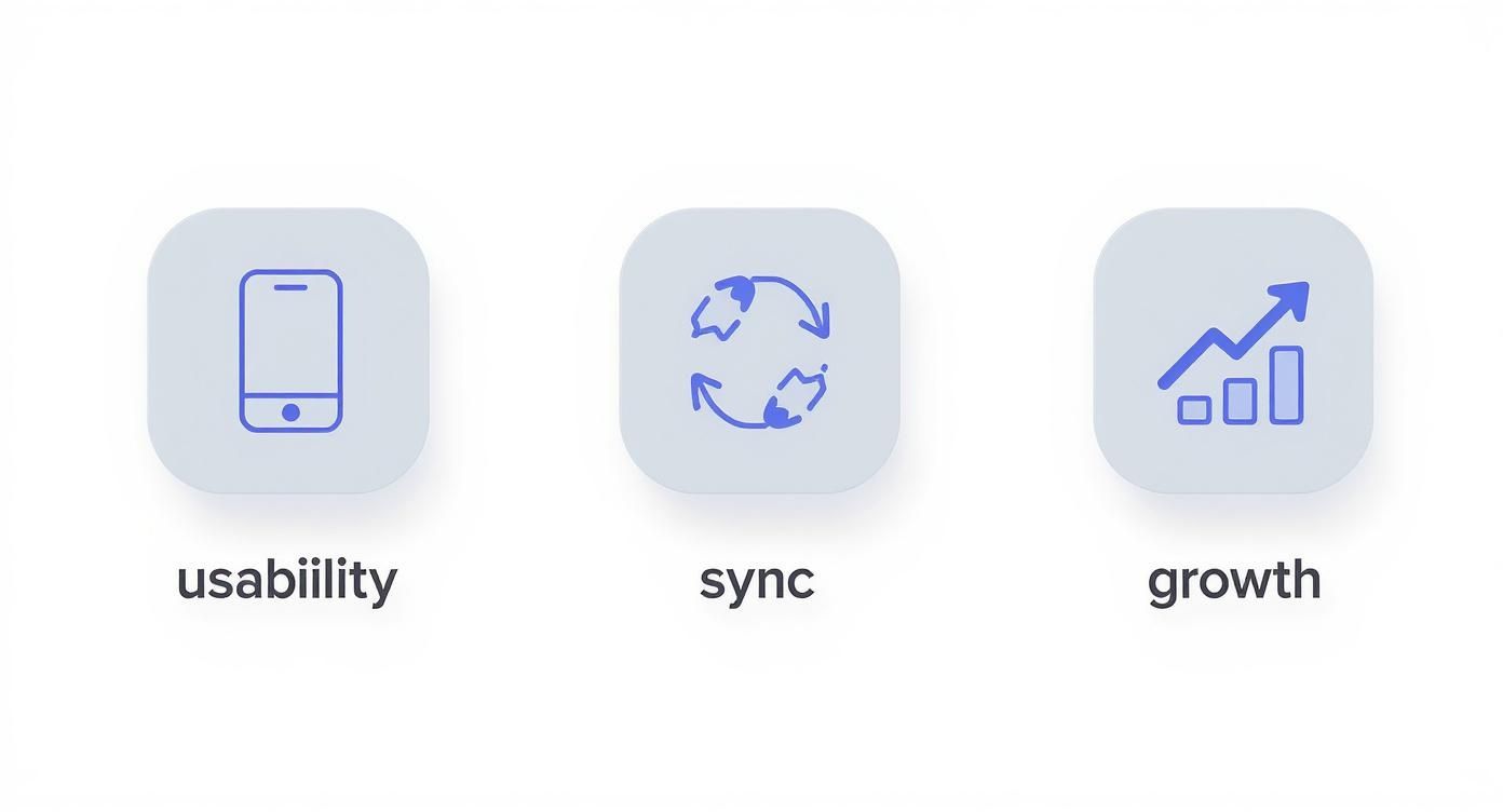 Best Field Management Software Tackon FSM in A Contractor's Guide to Construction Inventory Software 4 Three icons representing usability with mobile device, sync with circular arrows, and growth with ascending chart