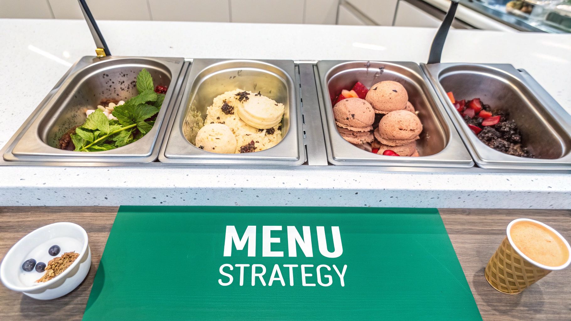 Several scoops of colorful ice cream in cones, showcasing different flavors and toppings.