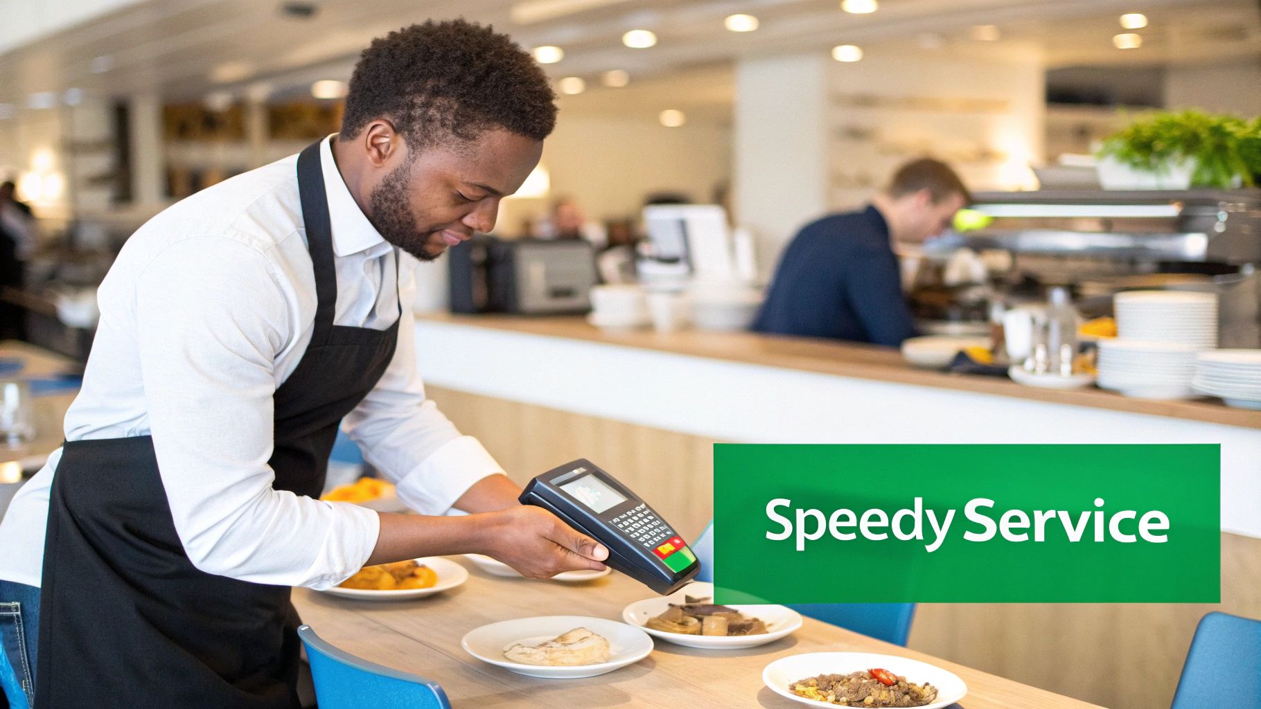 A smiling server in a black apron holds a payment terminal over small plates of food in a restaurant, showcasing speedy service.