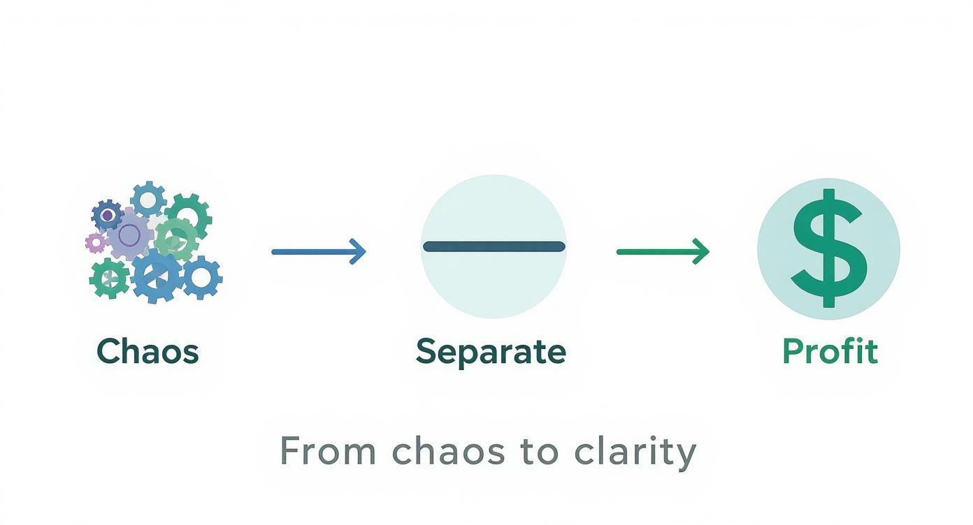 An infographic illustrating a business journey from initial chaos to organized separation and ultimately profit.
