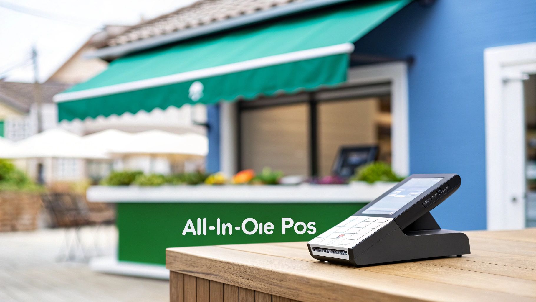 An all-in-one POS system on a wooden table outside a vibrant blue restaurant with a green awning.