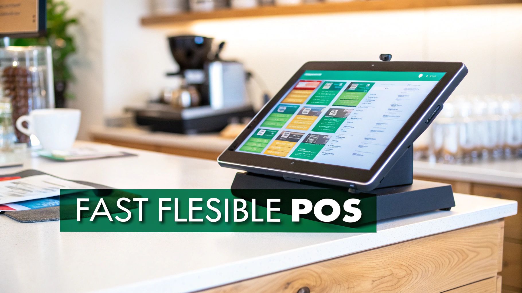 A sleek POS system on a cafe counter, displaying a menu, offering fast and flexible service.