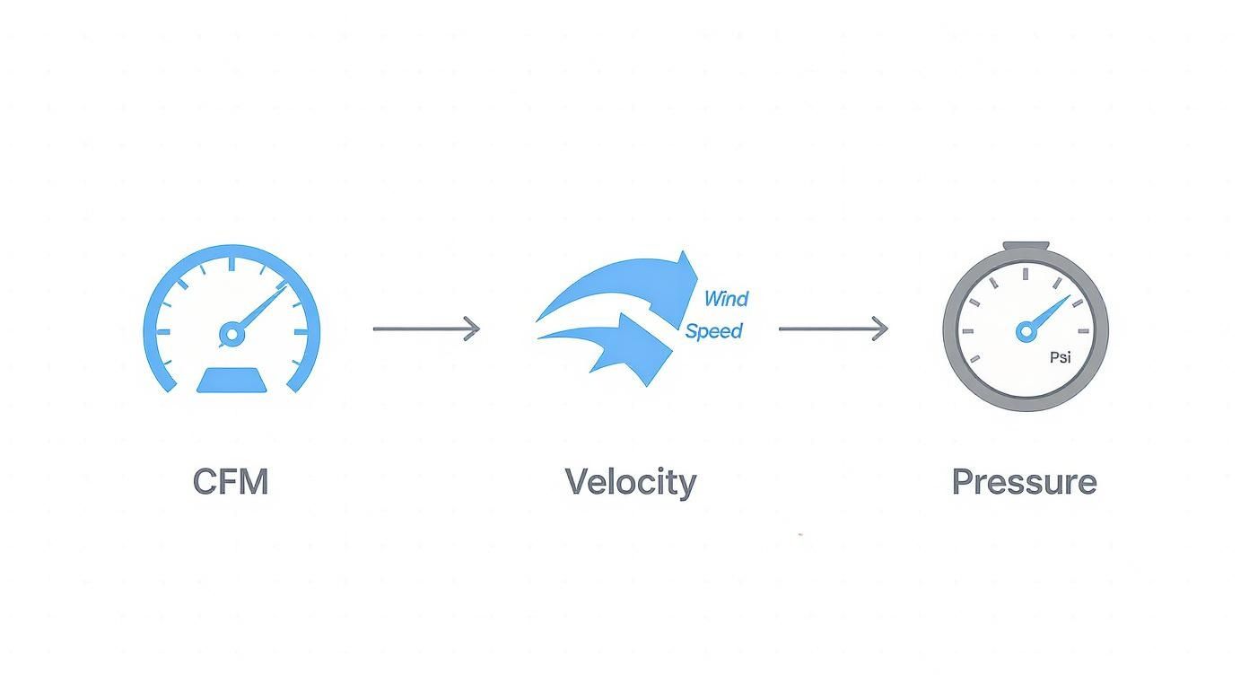 Diagram showing CFM converting to velocity (wind speed) and subsequently to pressure (psi).