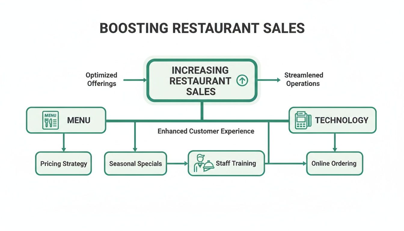 Flowchart illustrating strategies for boosting restaurant sales, including menu optimization, technology, and staff training.