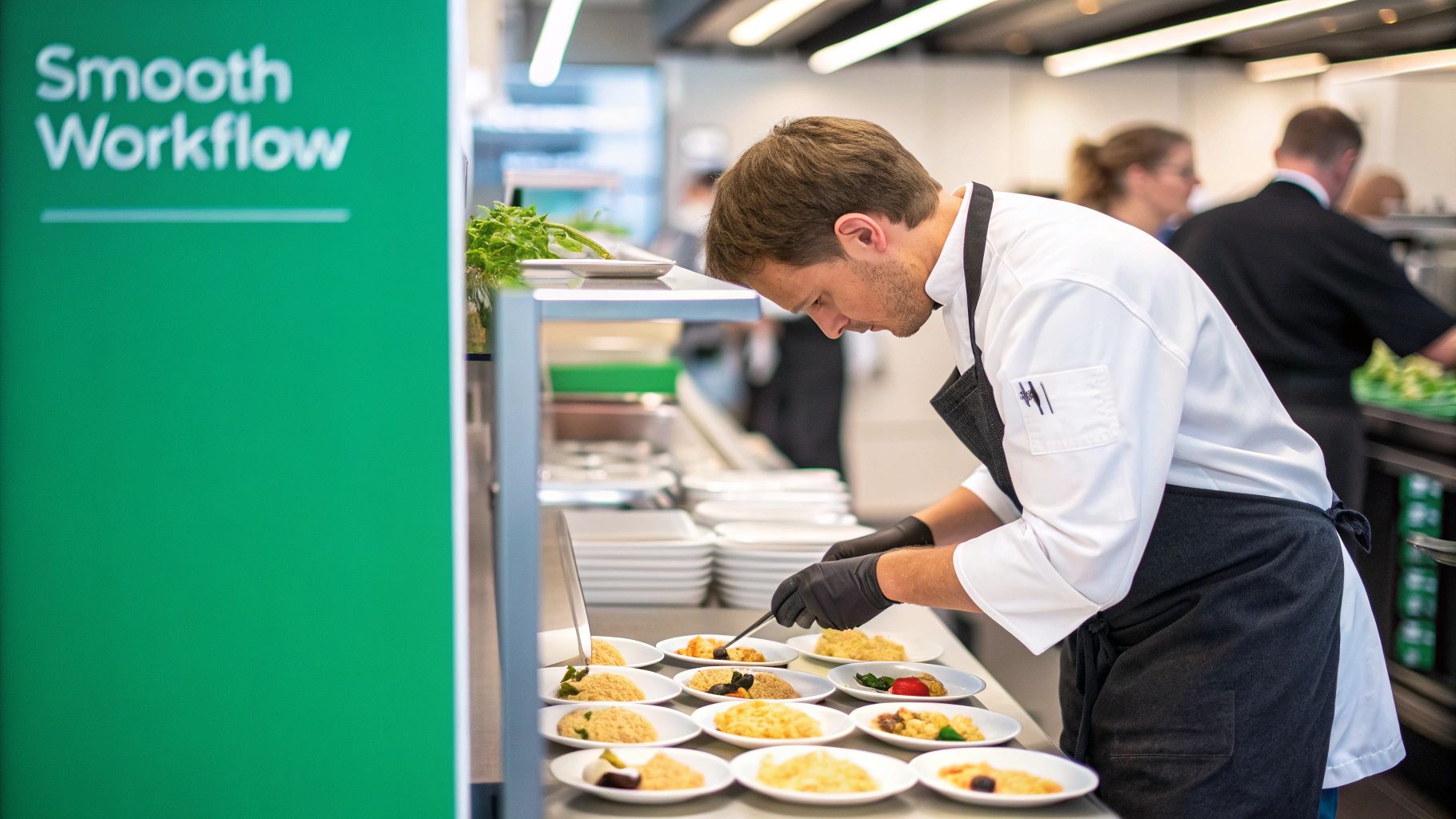 A bustling cafe kitchen with chefs preparing breakfast dishes.