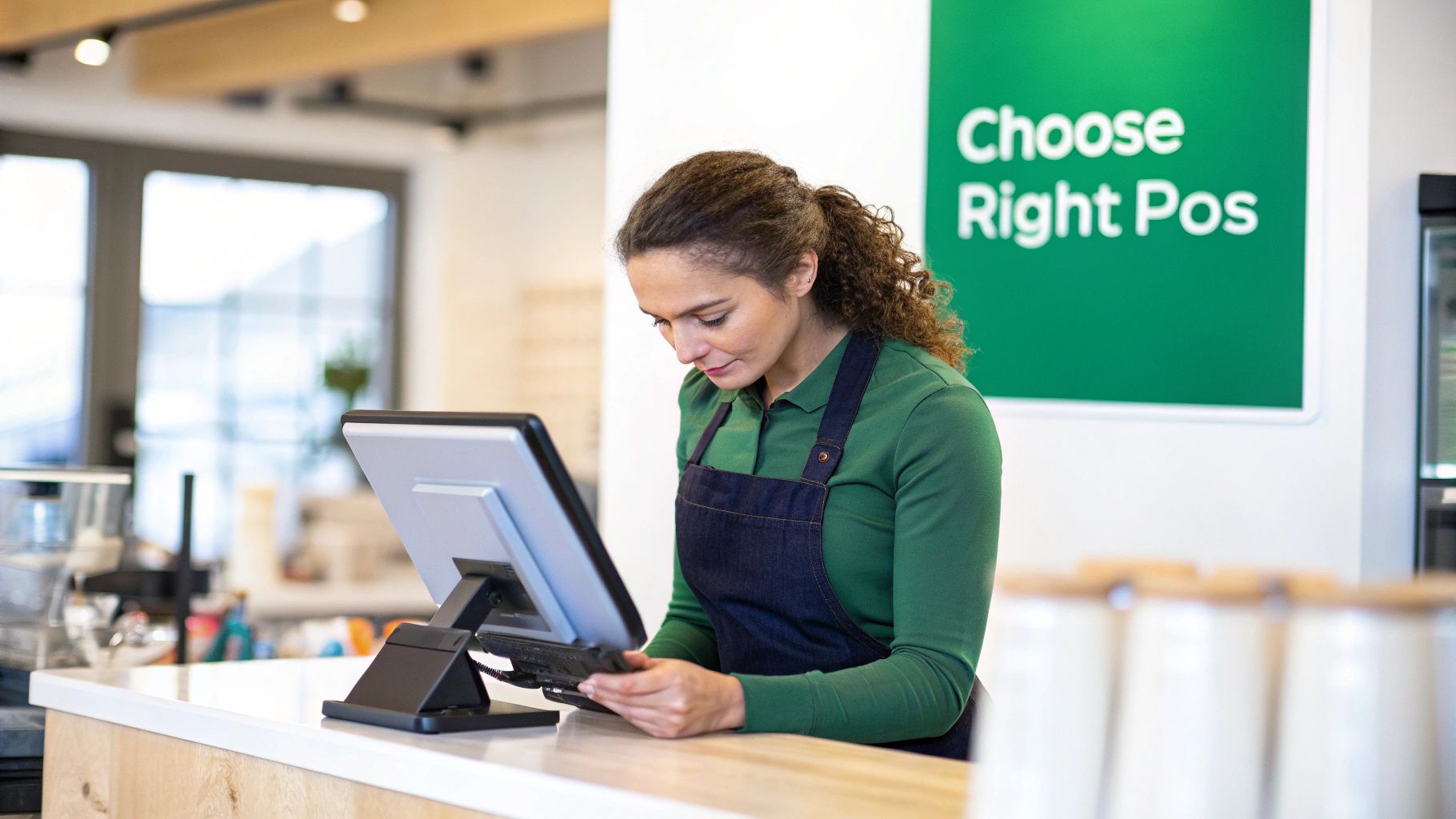 A female employee in a green shirt and denim apron uses a modern POS system at a retail counter.
