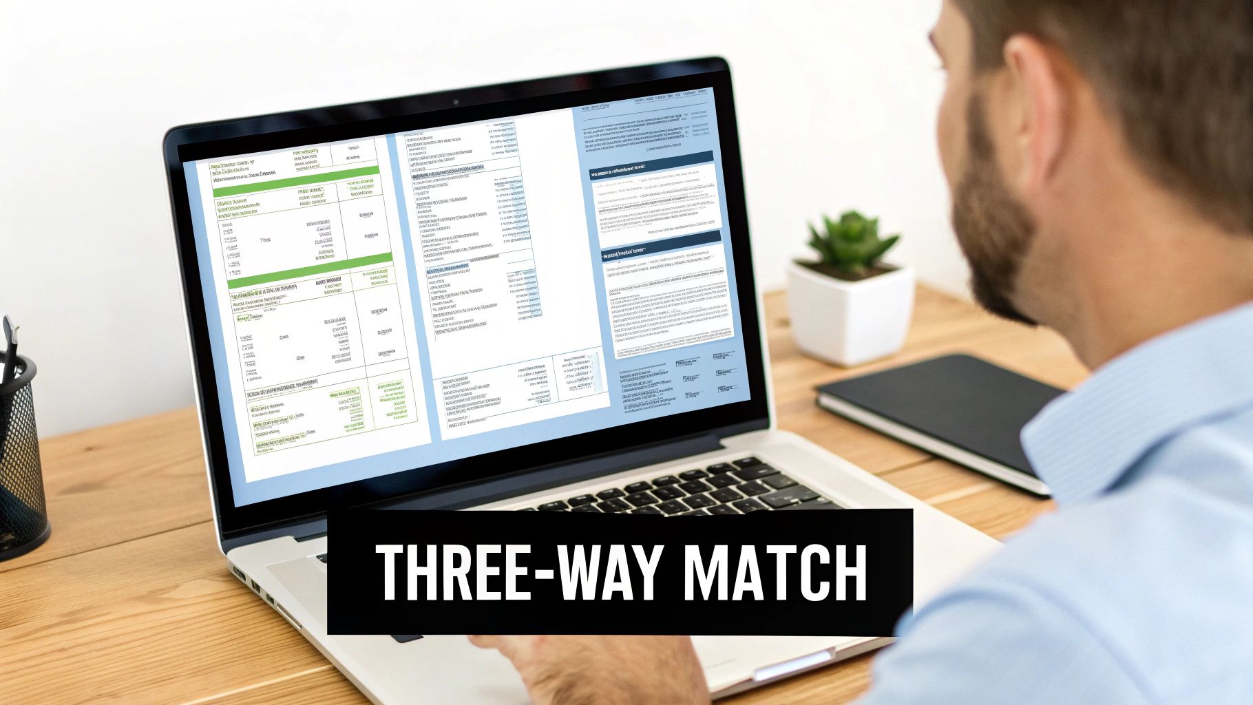 Best Field Management Software Tackon FSM in Managing Purchase Orders: A Practical Guide (managing purchase orders) 4 Man works on a laptop showing financial documents with 'THREE-WAY MATCH' overlay text.
