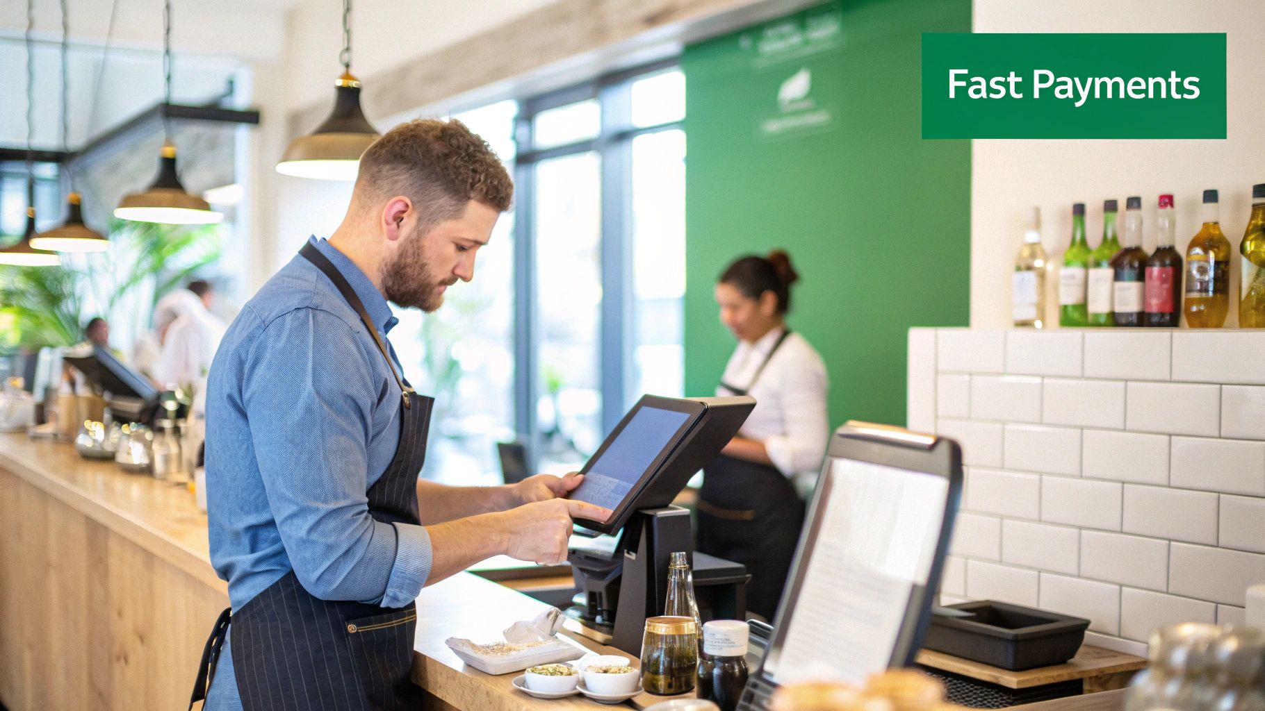 A restaurant owner using a mobile POS system to process a credit card payment from a customer.