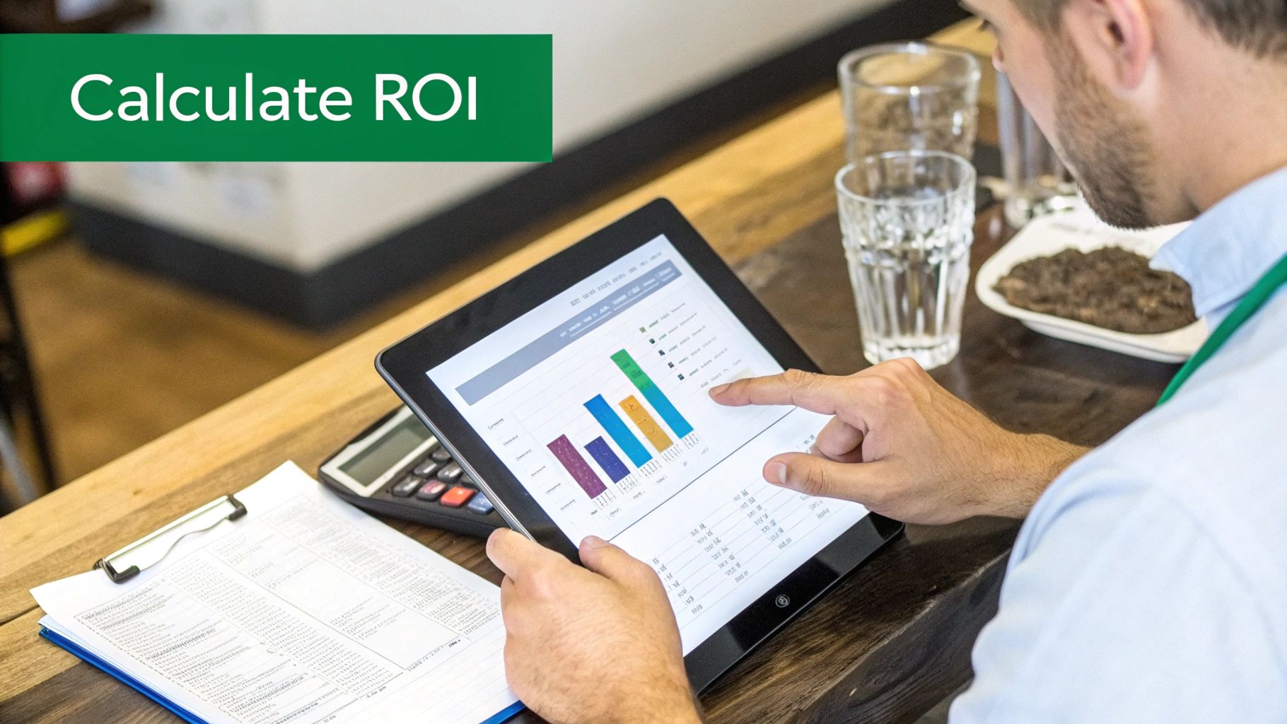 Man analyzing ROI data on a tablet with bar graphs, calculator, and papers on a wooden table.