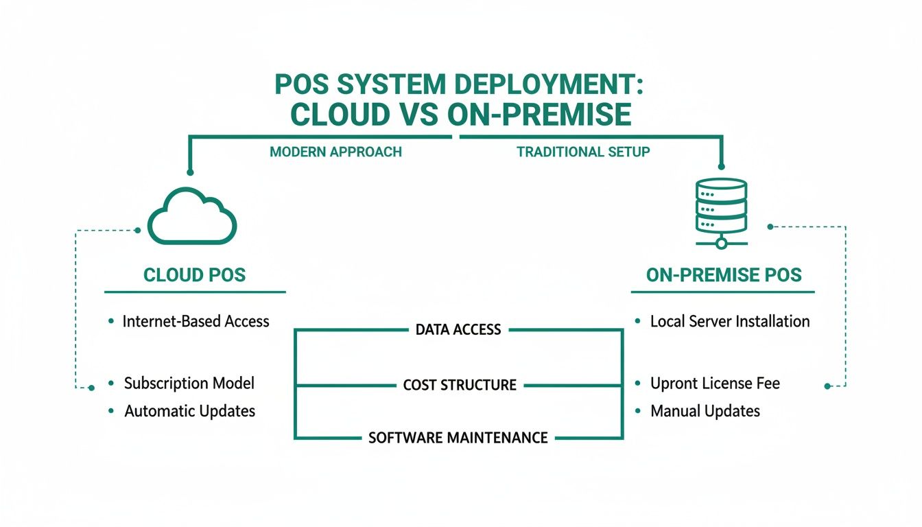 A comparison chart illustrating cloud POS versus on-premise POS deployment options and their features.
