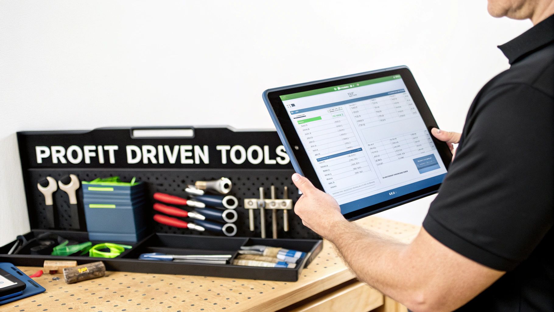 Best Field Management Software Tackon FSM in Software for Electrical Contractors That Boosts Profit 3 A person reviews data on a tablet next to a 'Profit Driven Tools' display with various tools.
