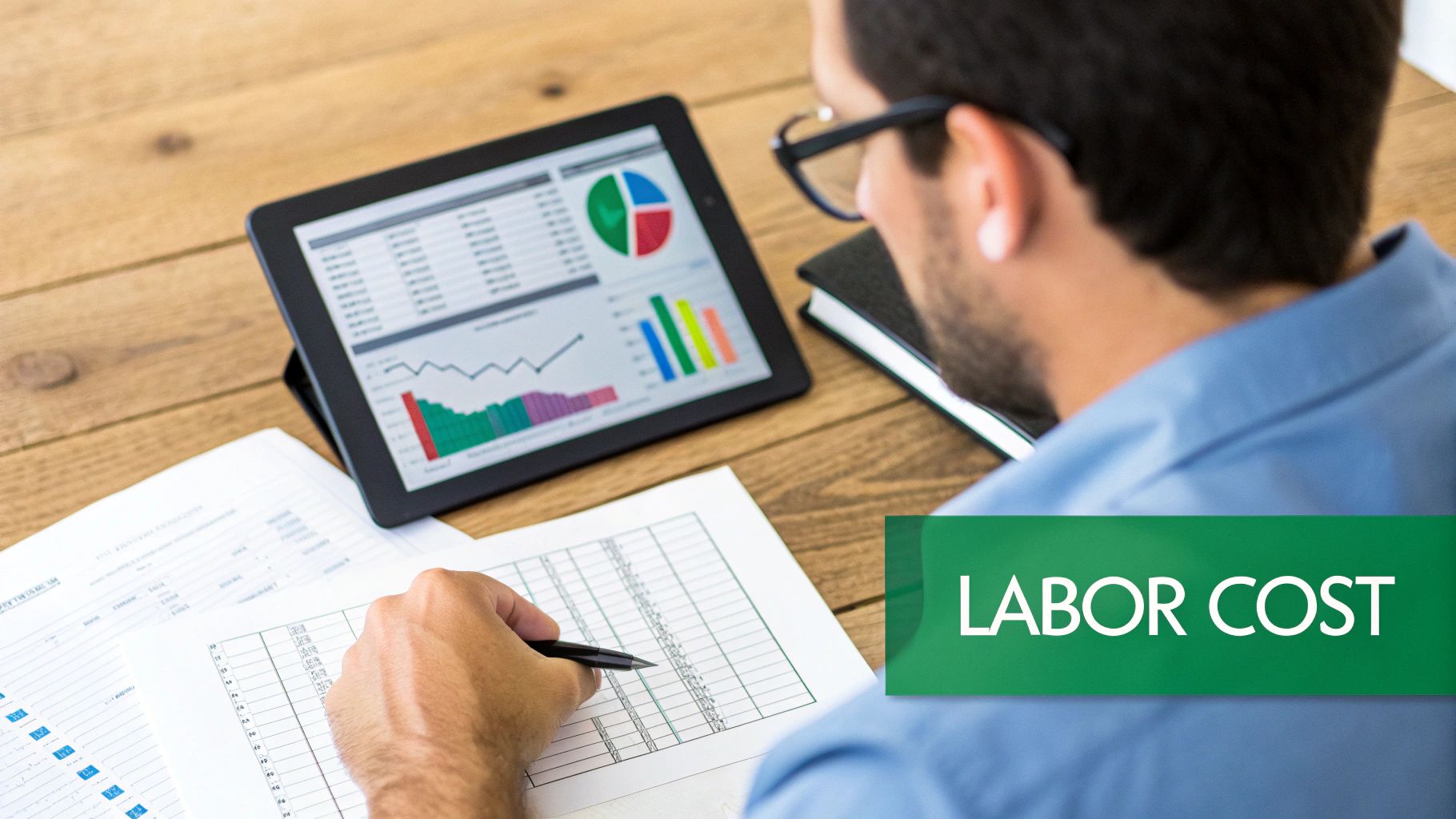 A man in a blue shirt reviews financial data on a tablet and paper, focused on labor cost analysis.