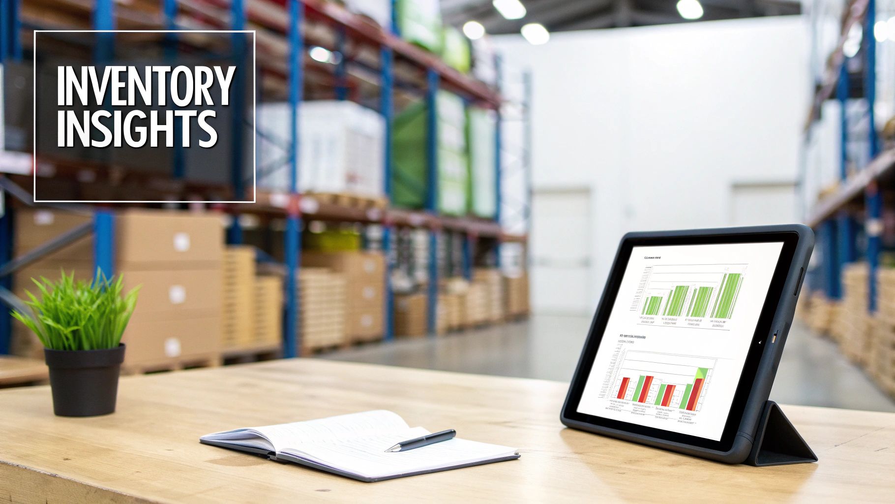 Best Field Management Software Tackon FSM in The Top Benefits Of Inventory Management Software For Profitability 5 Tablet displaying inventory insights charts on a table in a warehouse with shelves and boxes.