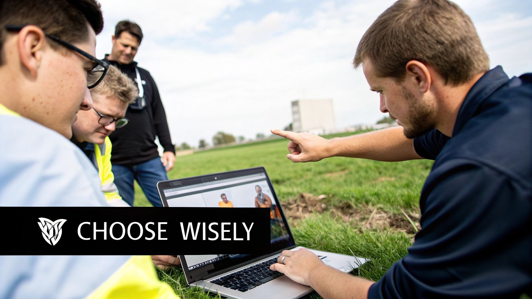 Best Field Management Software Tackon FSM in A Guide to Scheduling Software for Field Service 3 A team of field service workers reviews information on a laptop in a grassy outdoor area.