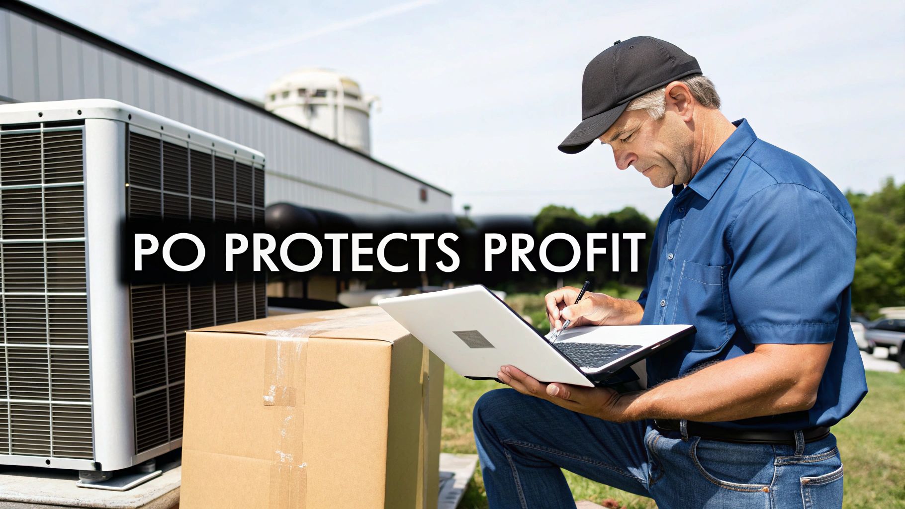 Technician reviewing an order on a laptop outdoors next to an HVAC unit and delivery box.