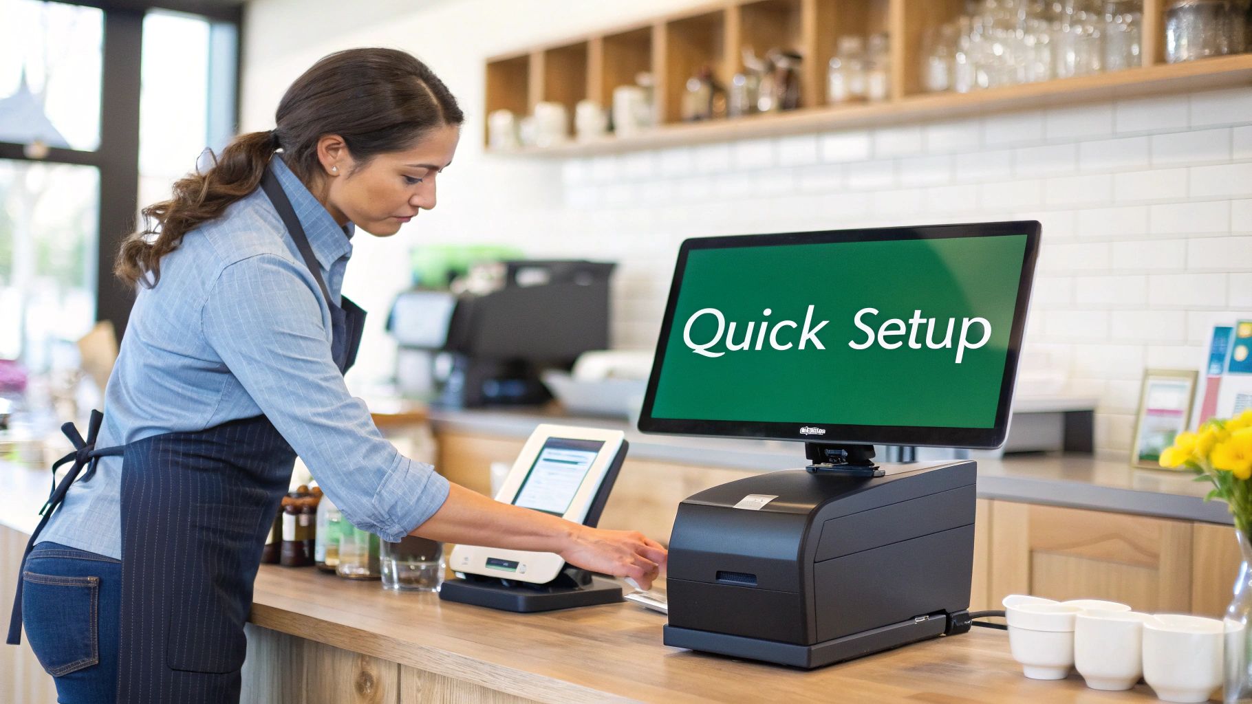 A barista using a tablet POS system to take an order in a modern cafe.