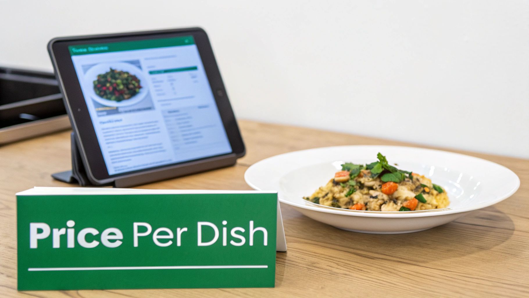 A tablet displays food information next to a healthy dish and a 'Price Per Dish' sign.