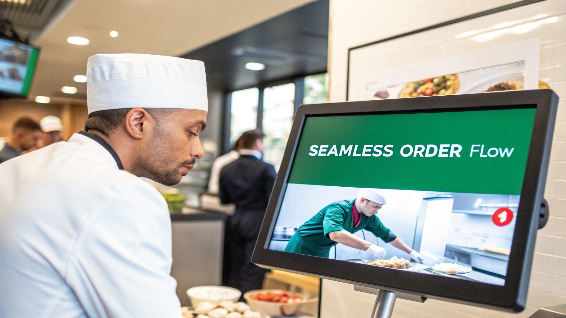 Chef in white uniform viewing digital kitchen display system showing seamless order flow interface
