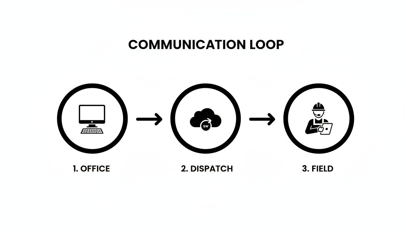 A diagram illustrating a communication loop from office to dispatch to field service workers.