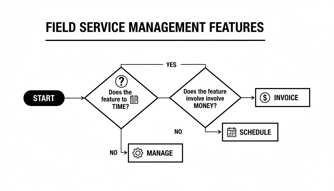 Best Field Management Software Tackon FSM in The Best Field Service Management Software for Small Business 3 A flowchart categorizing field service management features based on time and money, leading to manage, invoice, or schedule.