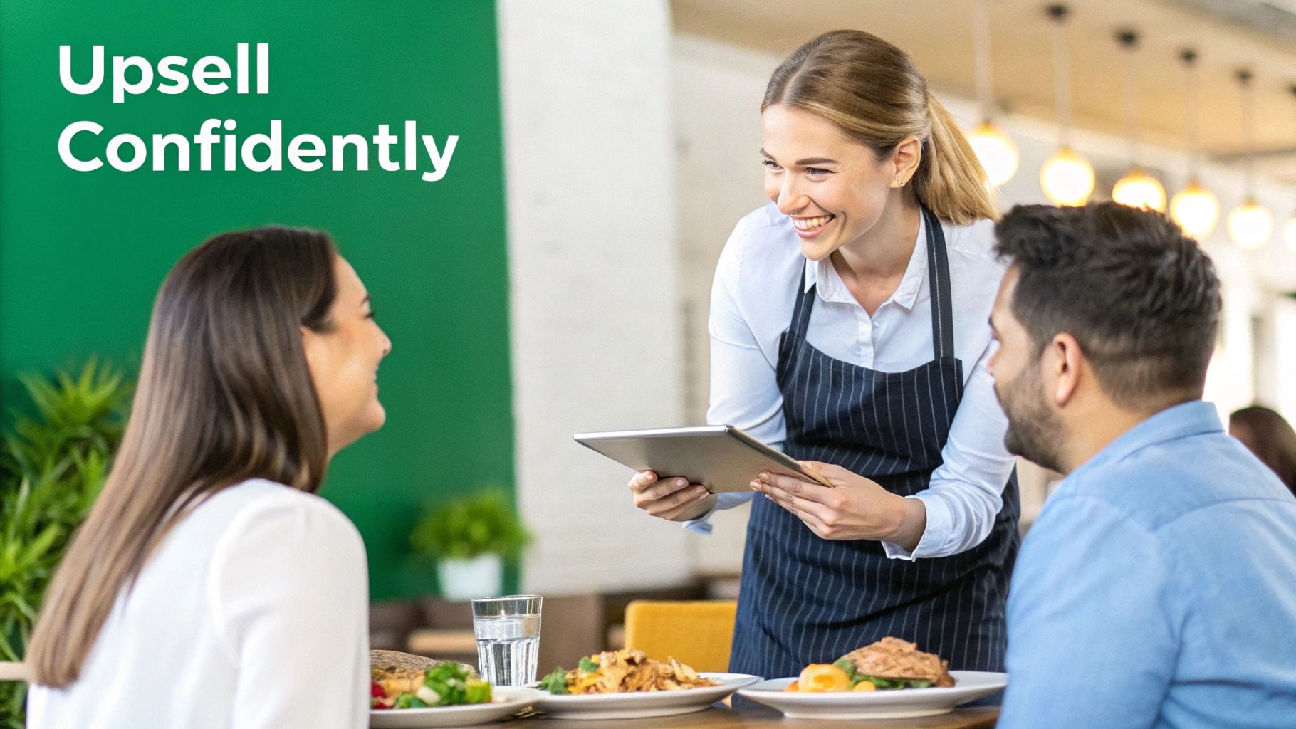 A cheerful waitress uses a tablet to upsell to smiling customers in a modern restaurant.