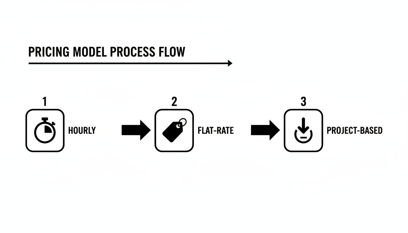 Flowchart illustrating three pricing models: hourly, flat-rate, and project-based, with descriptive icons.