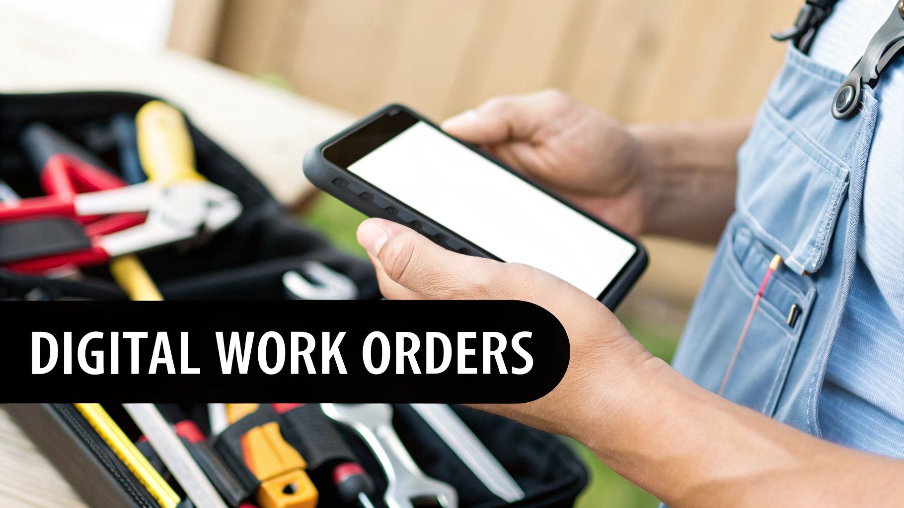 Best Field Management Software Tackon FSM in 10 Field Service Management Best Practices for Trades in 2025 4 Hands of a field technician operating a smartphone for digital work orders, with tools.