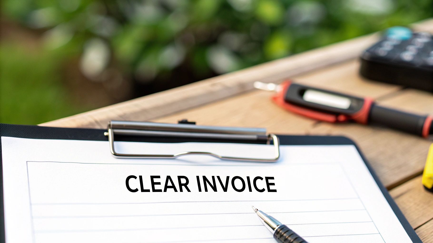 A document titled 'CLEAR INVOICE' on a clipboard with a pen, set on a wooden surface.