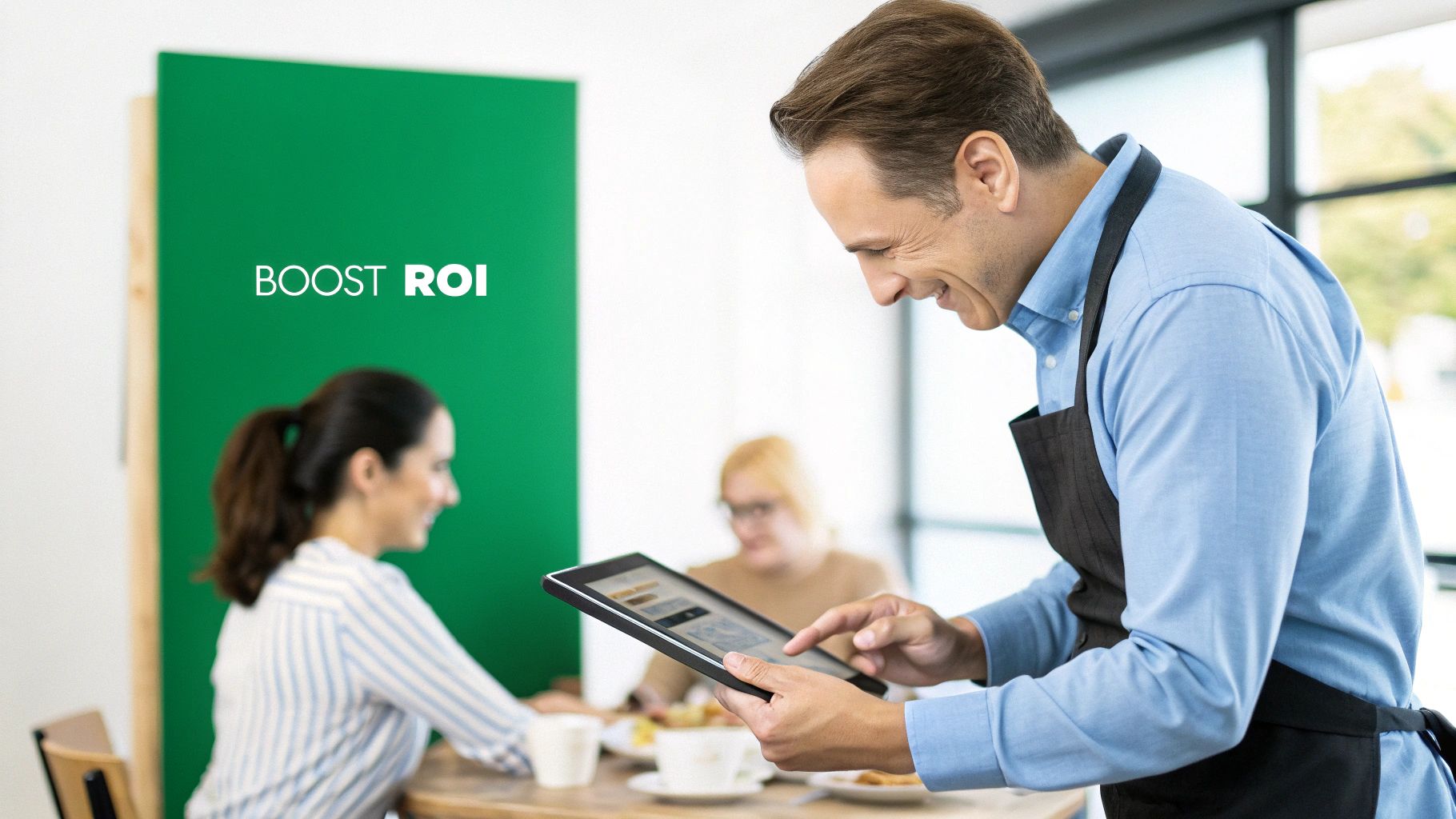 A smiling waiter uses a handheld tablet to take an order from customers in a modern cafe.