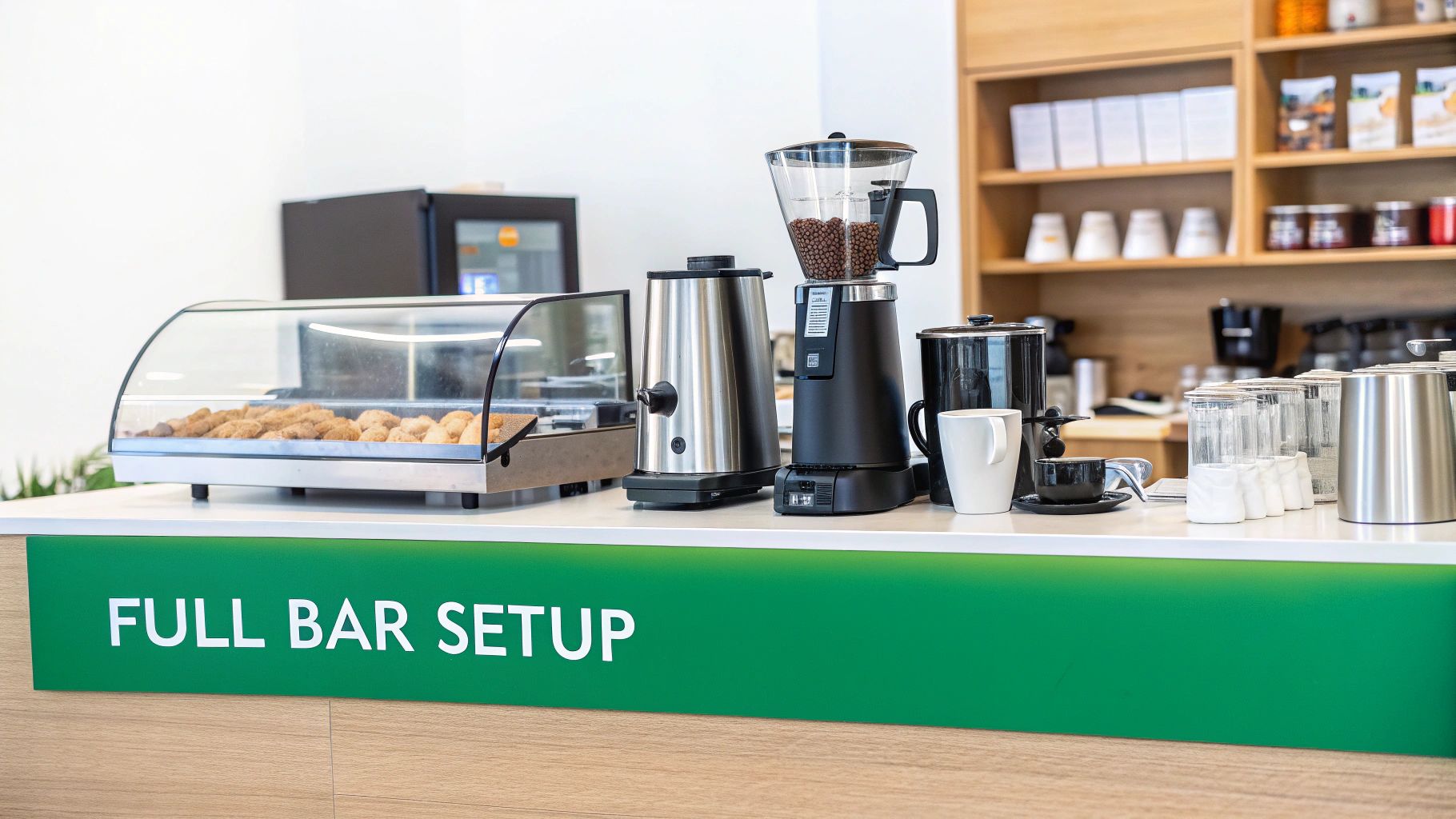 Various coffee machines, a pastry display, and drinkware on a counter labeled "FULL BAR SETUP".