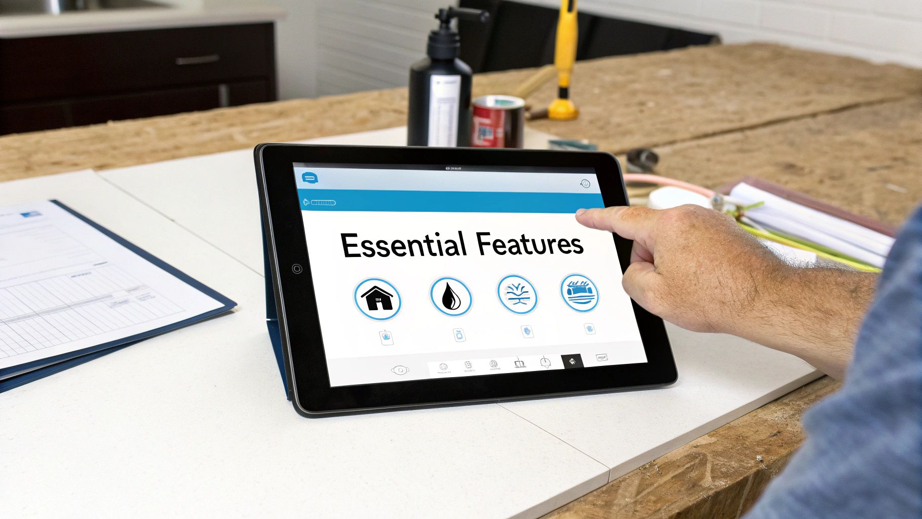 Best Field Management Software Tackon FSM in Finding the Best Plumbing Estimating Software for Your Business 3 A hand taps a tablet screen showing 'Essential Features' with smart home and utility icons.