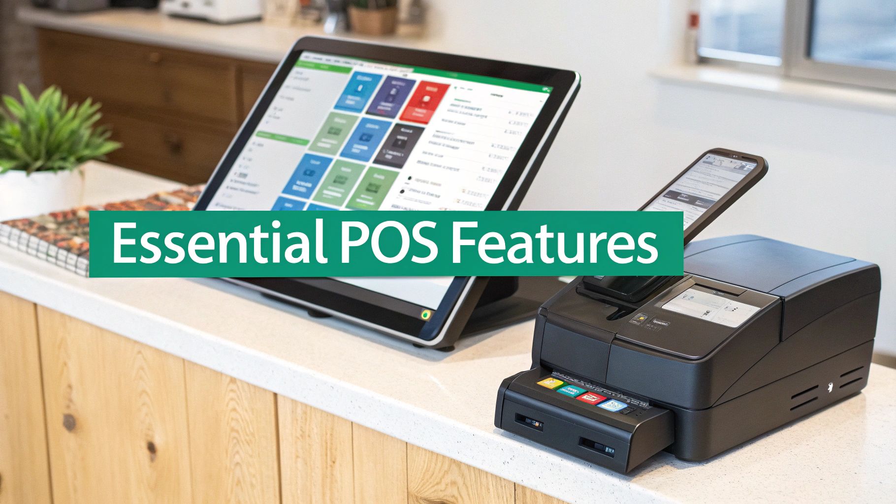 A retail counter features an advanced cloud-based POS system, touchscreen, and integrated payment terminal.
