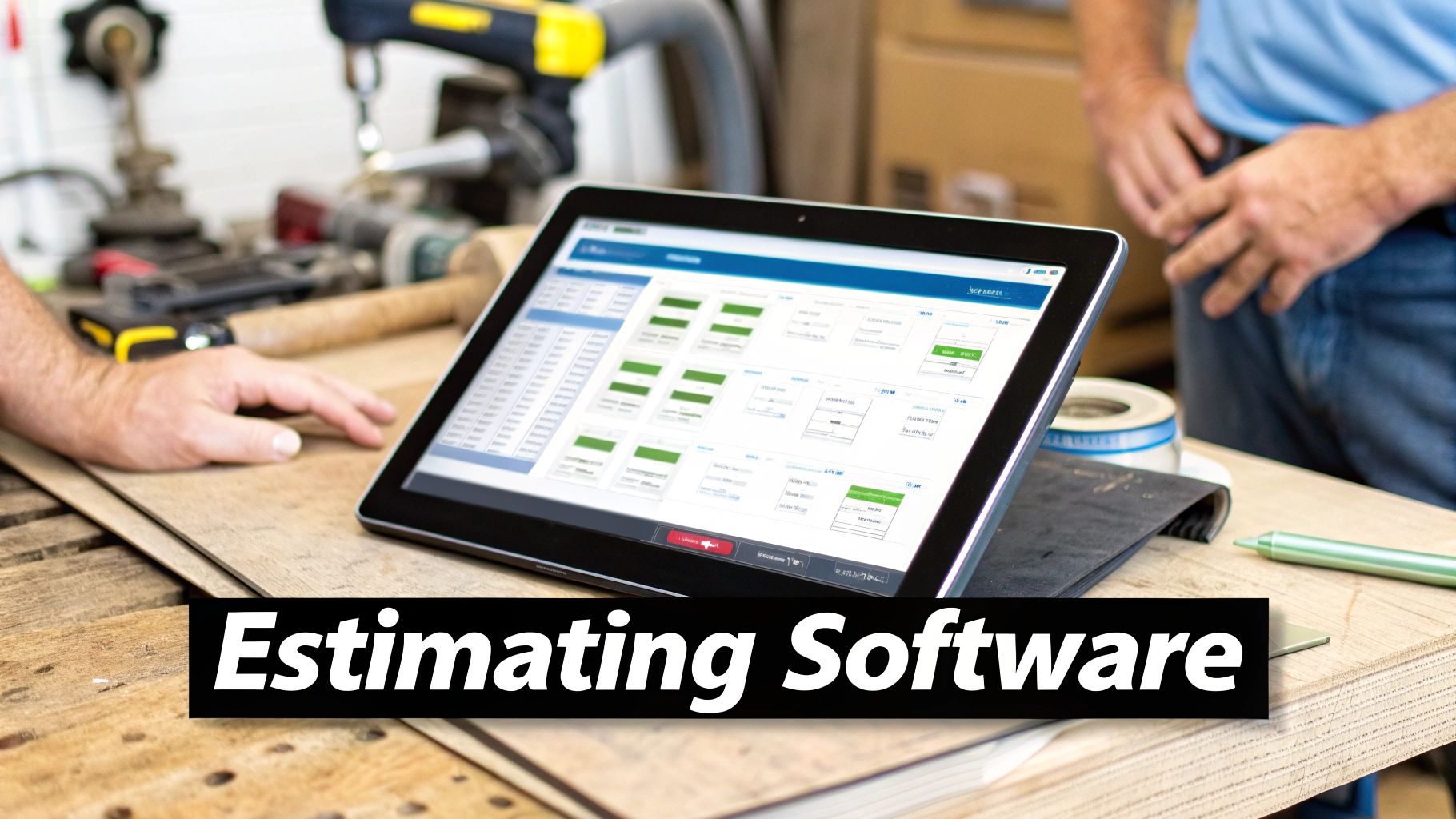 A tablet displays estimating software on a wooden workbench, with a worker's hand nearby in a workshop.