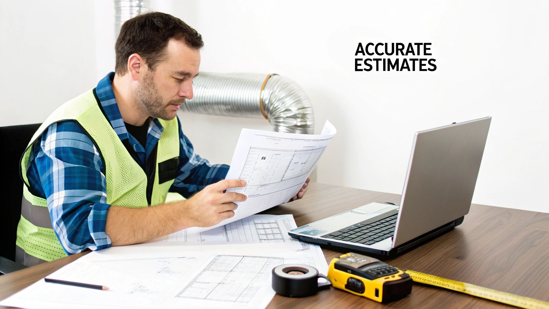 Man in safety vest reviewing HVAC blueprints at a desk with a laptop for accurate estimates.