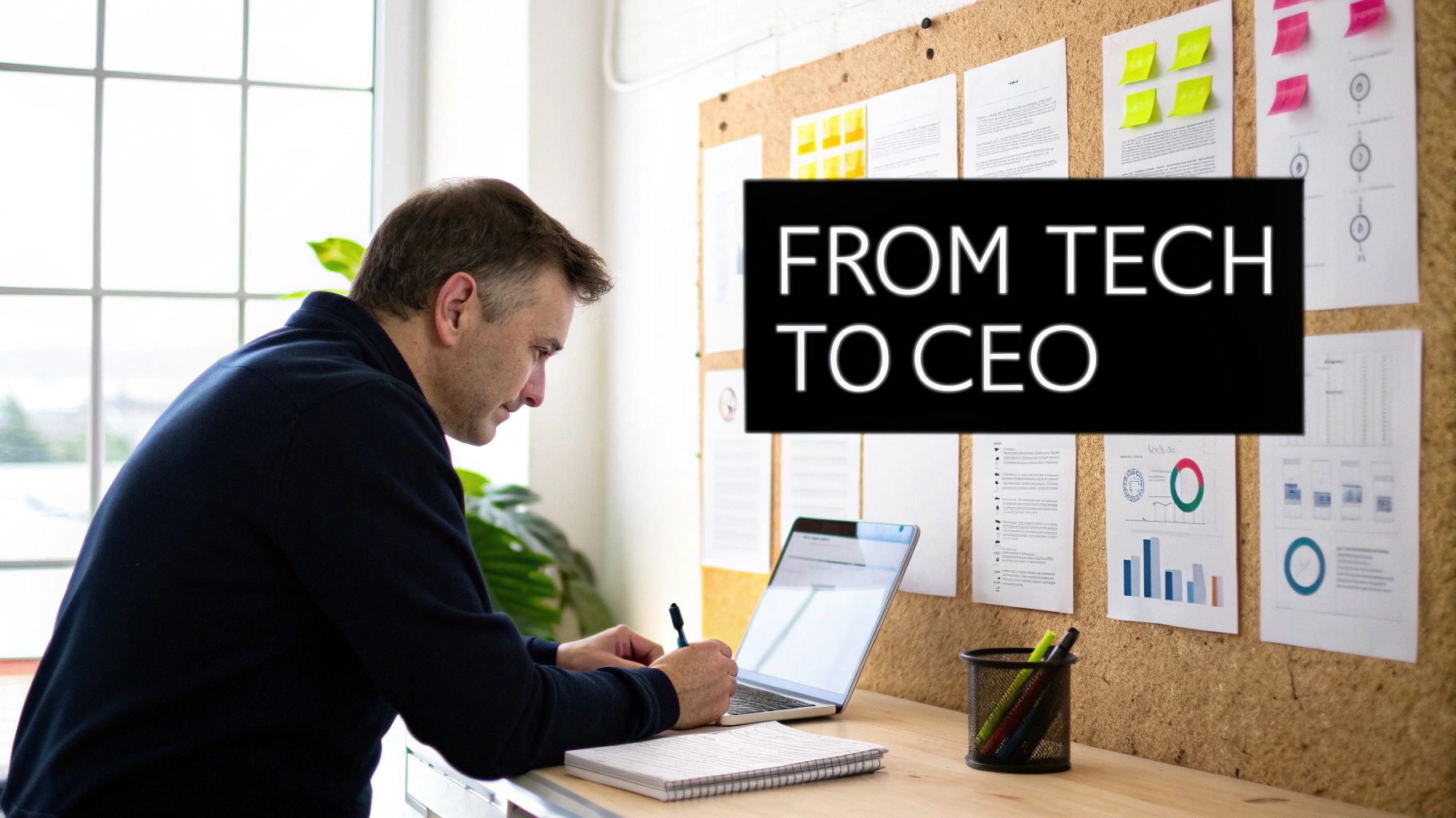 Best Field Management Software Tackon FSM in How to Scale a Service Business From 2 to 20 Trucks 2 A man diligently works at a desk with a laptop and notebook, featuring 'FROM TECH TO CEO' text.