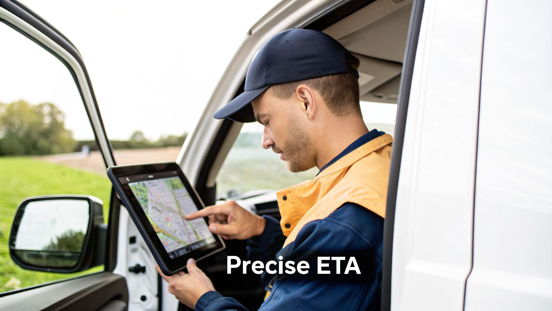 Best Field Management Software Tackon FSM in How to Reduce No Show Appointments: 9 Proven Ways to Boost Attendance 3 Man in blue uniform and cap using a tablet with a map for navigation in a white van.