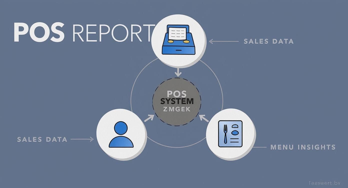 POS system diagram showing sales data flow between cash register, customer, and menu insights