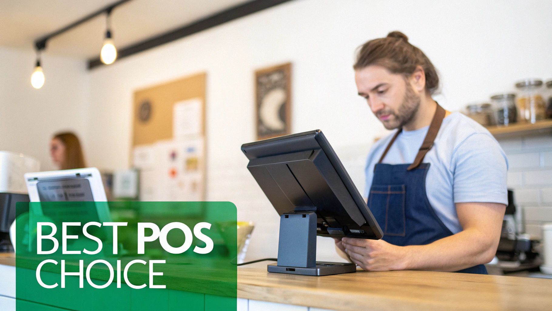 A man in an apron operates a modern POS system at a cafe counter, with 'BEST POS CHOICE' overlay.