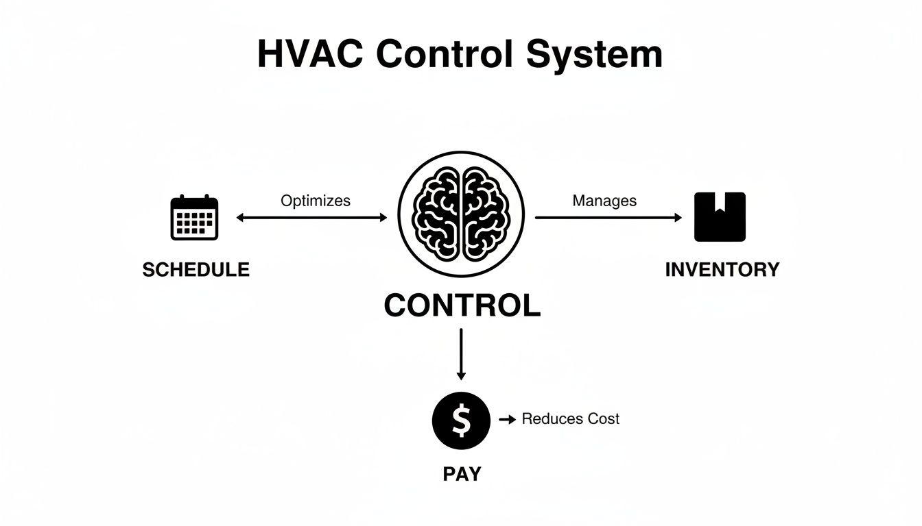 Diagram illustrating an HVAC Control System, where a central control unit optimizes schedules, manages inventory, and reduces operational costs.