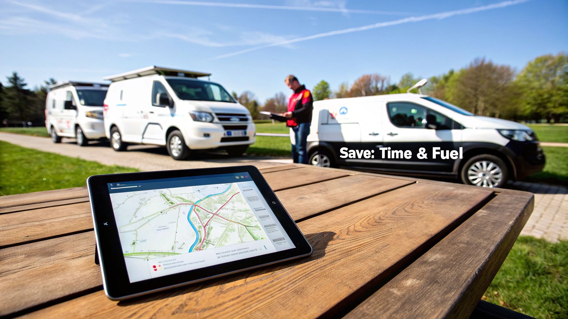 Best Field Management Software Tackon FSM in Your Guide to Scheduling and Dispatch Software for Trades 3 A tablet displaying a route map on a wooden table, with service vans and a technician in the background.