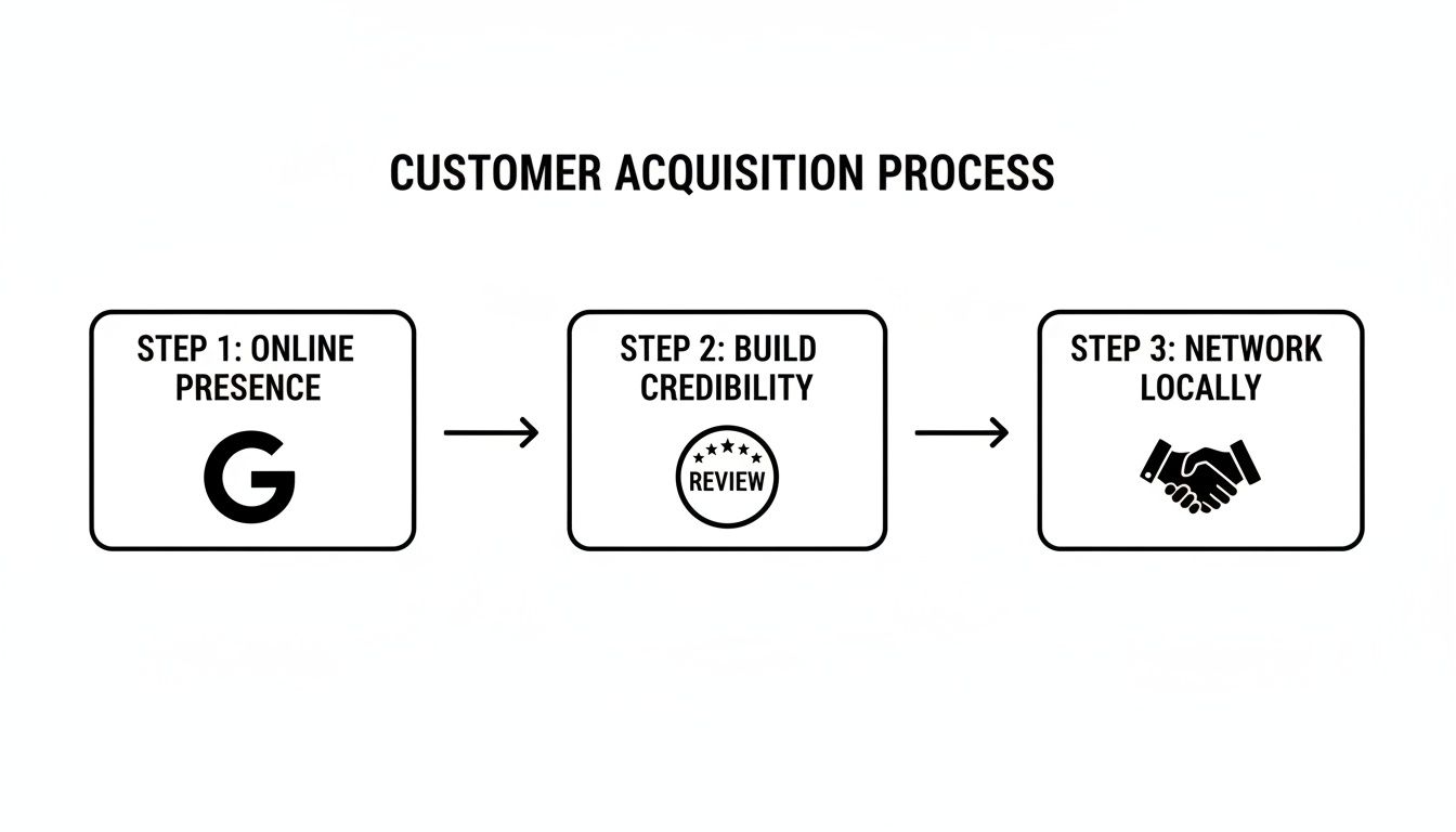 Best Field Management Software Tackon FSM in How to Start a Plumbing Business That Succeeds 5 A 3-step customer acquisition process flowchart showing online presence, building credibility, and local networking.
