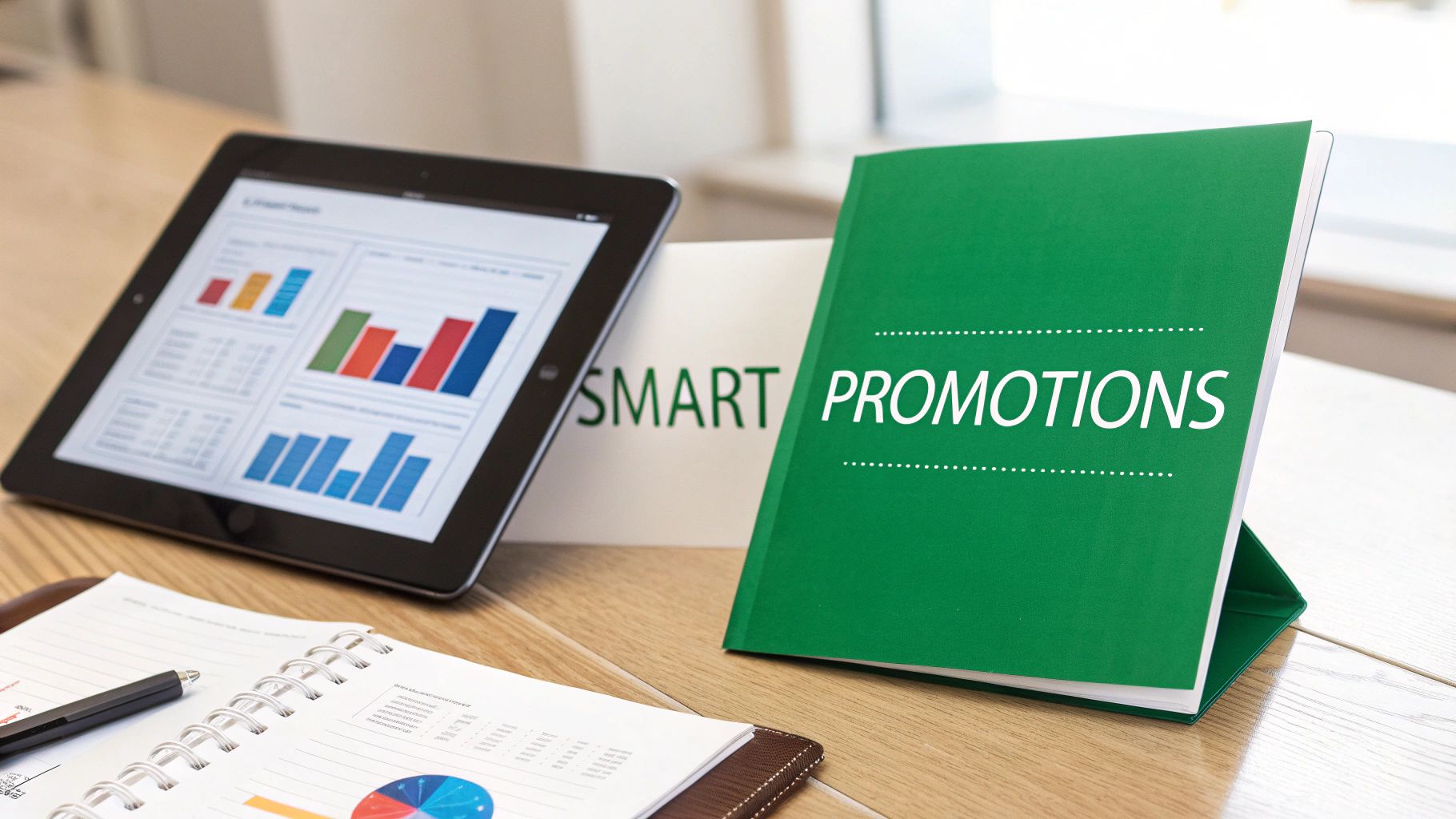 A tablet displays business graphs, alongside a green 'PROMOTIONS' binder and a notebook on a wooden desk.