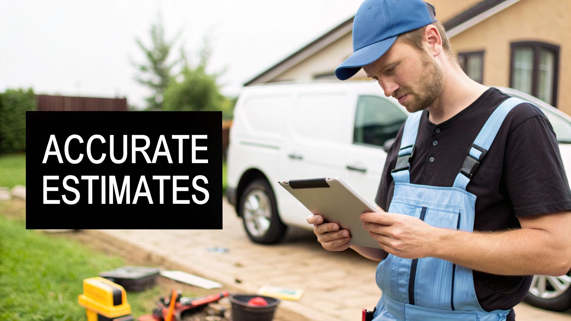 Best Field Management Software Tackon FSM in Finding the Best Plumbing Estimating Software for Your Business 2 A man in blue overalls and a cap looks at a tablet, with 'ACCURATE ESTIMATES' text.