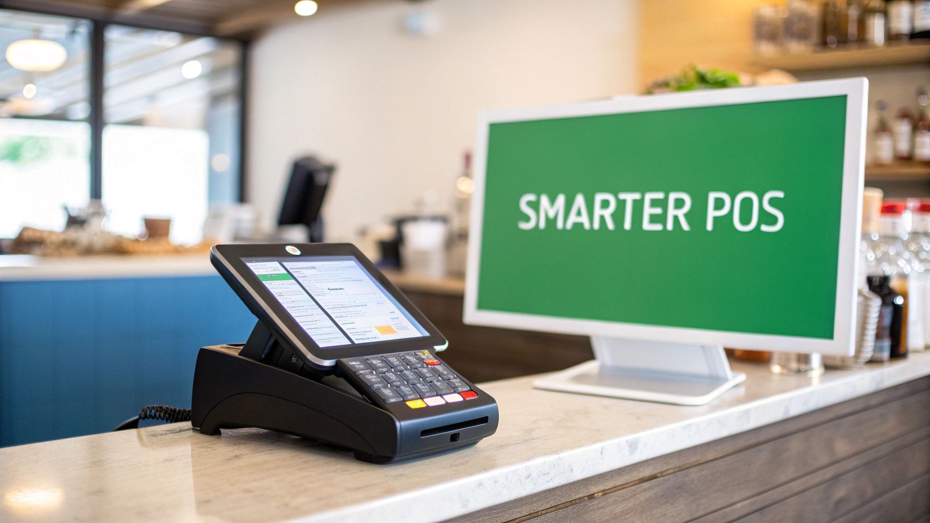 Modern POS system on a marble counter in a cafe, showing a touch screen terminal and a monitor displaying 'SMARTER POS'.