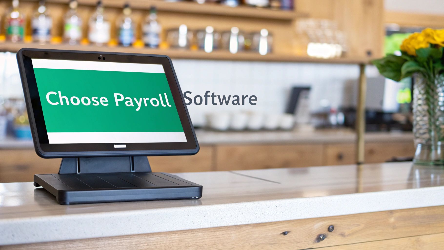 POS system screen displaying 'Choose Payroll Software' on a wooden counter in a modern cafe.
