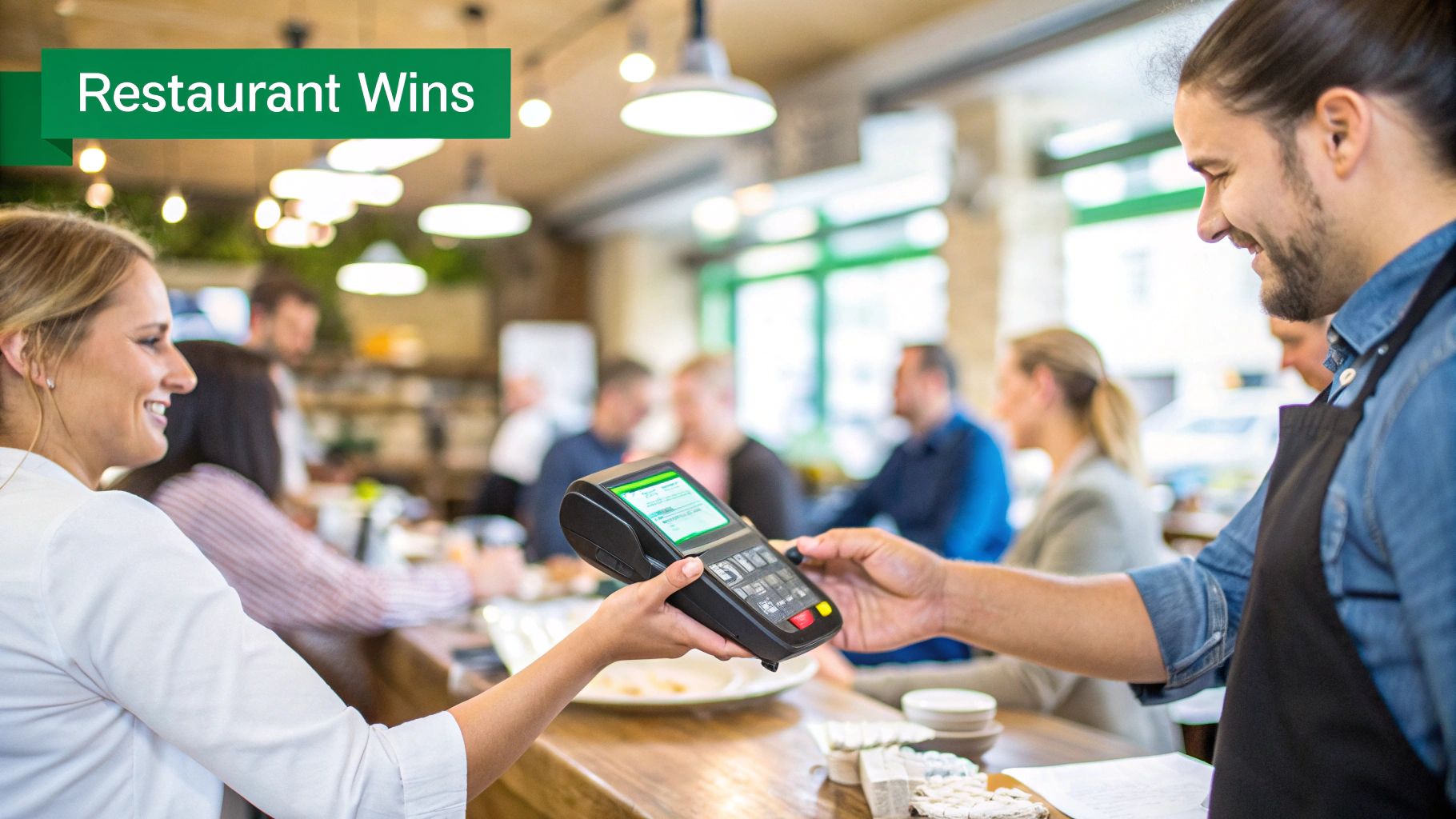 Smiling customer processes a payment with a portable terminal held by a waiter in a restaurant.